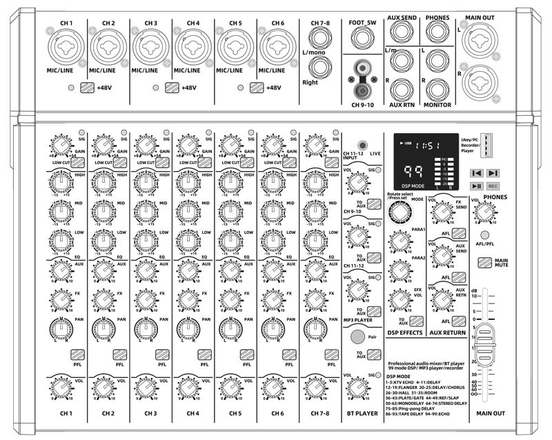 EL172638 E-Lektron B628-DSP Live Mischpult 6-Kanal + Stereo AUX/BT USB-Interface