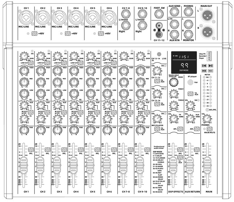 EL172641 E-Lektron C848-DSP Live Mischpult 8-Kanal + Stereo AUX/BT USB-Interface